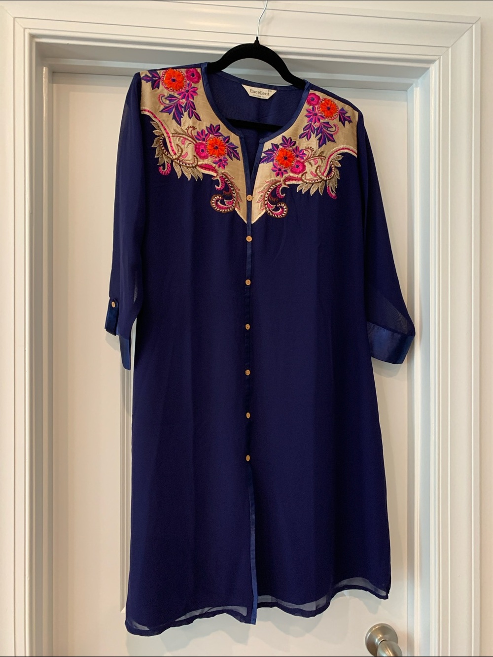 Navy Embroidered 3/4 sleeve western shirt Dress with Floral Yoke NWOT